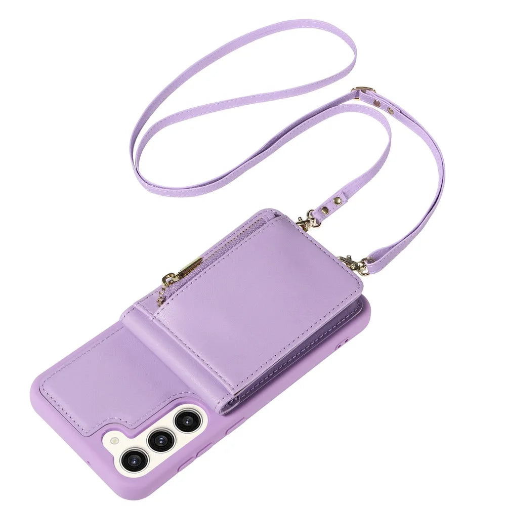 For Samsung Galaxy S24+ Case RFID Blocking PU+TPU Kickstand Wallet Phone Cover with Straps - Purple - 2