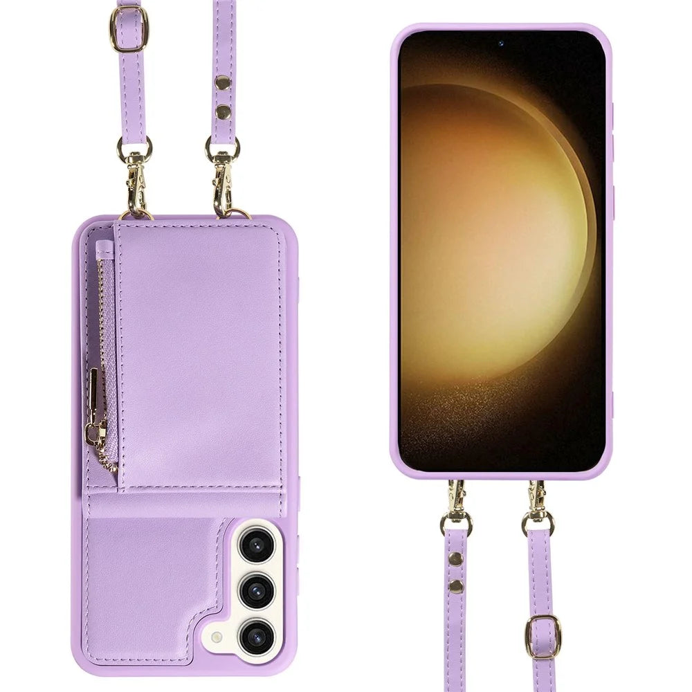 For Samsung Galaxy S24+ Case RFID Blocking PU+TPU Kickstand Wallet Phone Cover with Straps - Purple - 3