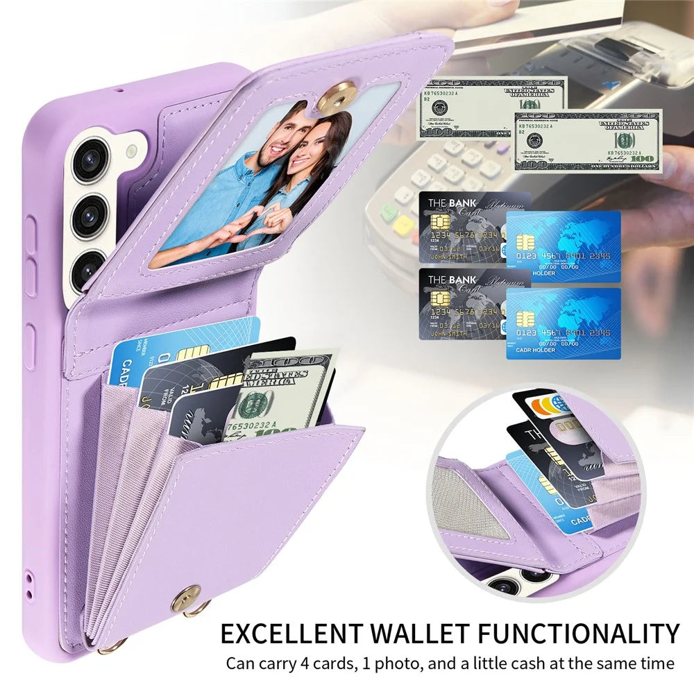 For Samsung Galaxy S24+ Case RFID Blocking PU+TPU Kickstand Wallet Phone Cover with Straps - Purple - 4