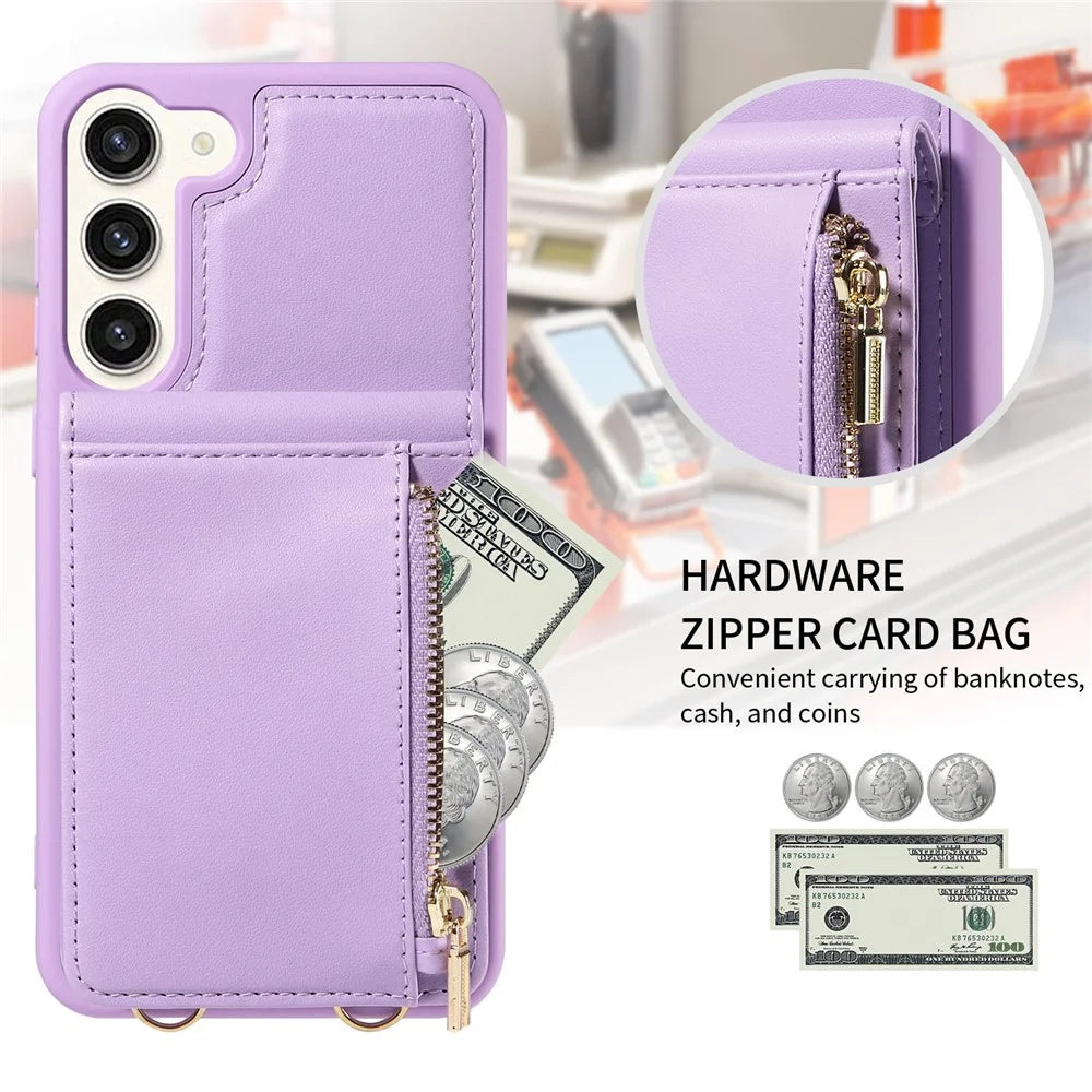 For Samsung Galaxy S24+ Case RFID Blocking PU+TPU Kickstand Wallet Phone Cover with Straps - Purple - 5
