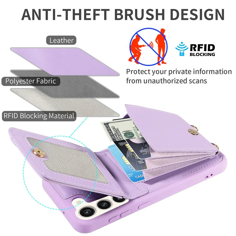 For Samsung Galaxy S24+ Case RFID Blocking PU+TPU Kickstand Wallet Phone Cover with Straps - Purple - 6