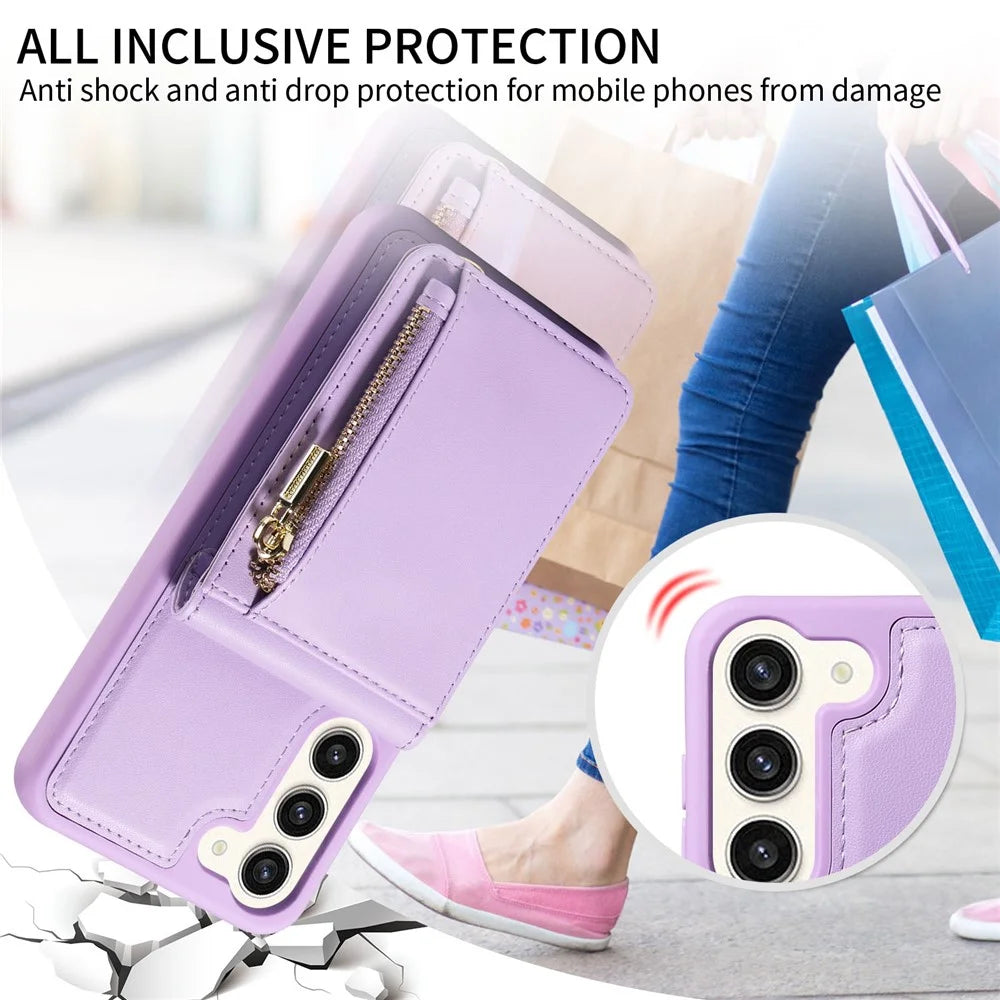 For Samsung Galaxy S24+ Case RFID Blocking PU+TPU Kickstand Wallet Phone Cover with Straps - Purple - 7