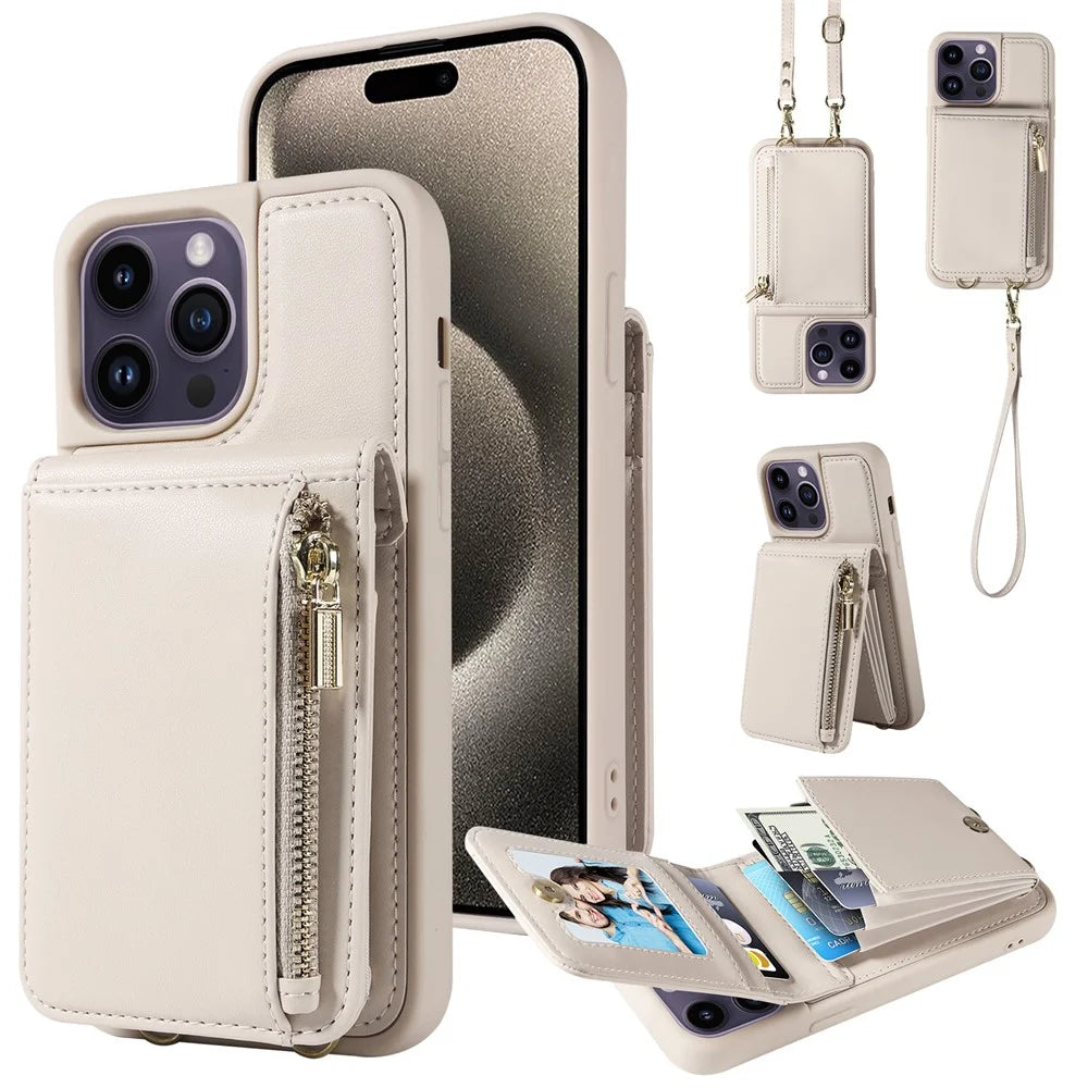 For 	iPhone 15 Pro Max Case RFID Blocking PU+TPU Wallet Phone Guard Cover - Beige - 1