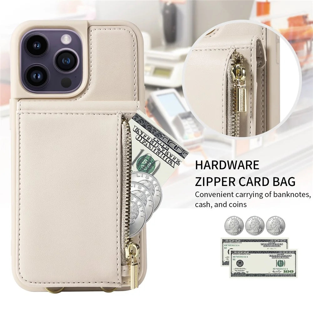 For 	iPhone 15 Pro Max Case RFID Blocking PU+TPU Wallet Phone Guard Cover - Beige - 5