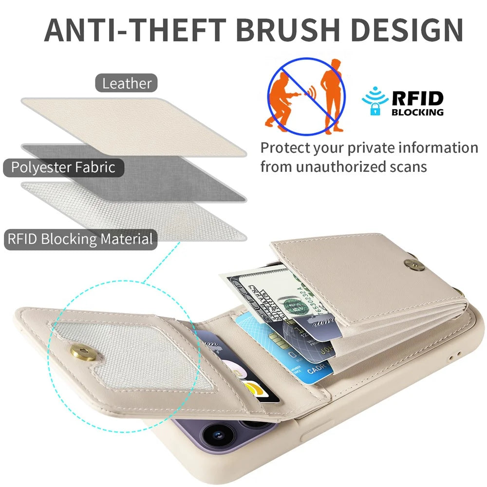 For 	iPhone 15 Pro Max Case RFID Blocking PU+TPU Wallet Phone Guard Cover - Beige - 6