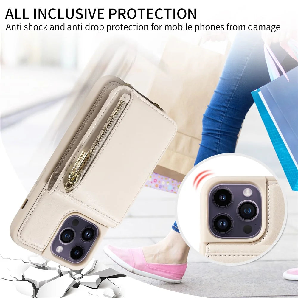 For 	iPhone 15 Pro Max Case RFID Blocking PU+TPU Wallet Phone Guard Cover - Beige - 7