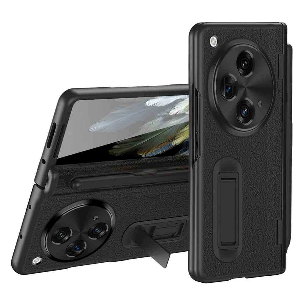 For OnePlus Open / Oppo Find N3 5G Case Leather+PC Phone Cover with Stylus / Tempered Glass Film - Black - 1