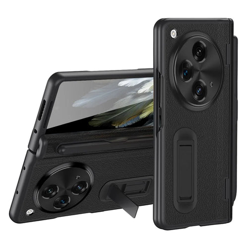 For OnePlus Open / Oppo Find N3 5G Case Leather+PC Phone Cover with Stylus / Tempered Glass Film - Black - 1