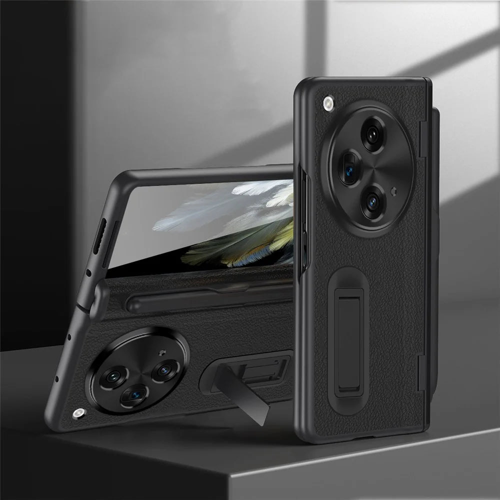 For OnePlus Open / Oppo Find N3 5G Case Leather+PC Phone Cover with Stylus / Tempered Glass Film - Black - 3