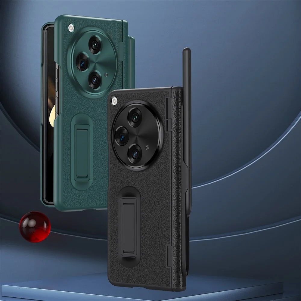 For OnePlus Open / Oppo Find N3 5G Case Leather+PC Phone Cover with Stylus / Tempered Glass Film - Black - 4