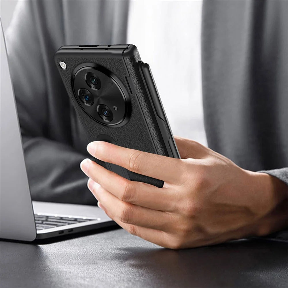 For OnePlus Open / Oppo Find N3 5G Case Leather+PC Phone Cover with Stylus / Tempered Glass Film - Black - 5