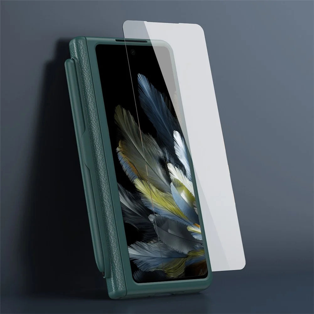 For OnePlus Open / Oppo Find N3 5G Case Leather+PC Phone Cover with Stylus / Tempered Glass Film - Black - 6