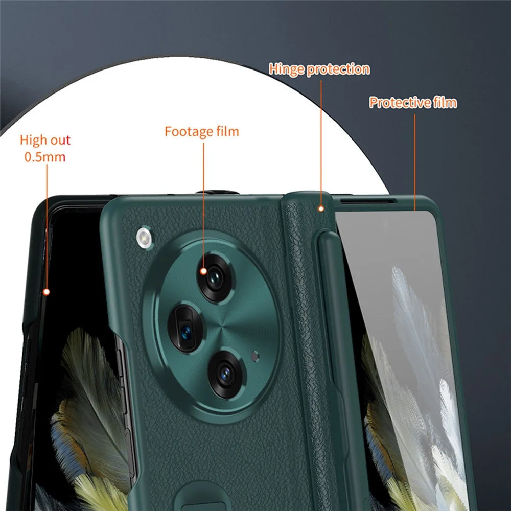 For OnePlus Open / Oppo Find N3 5G Case Leather+PC Phone Cover with Stylus / Tempered Glass Film - Black - 7