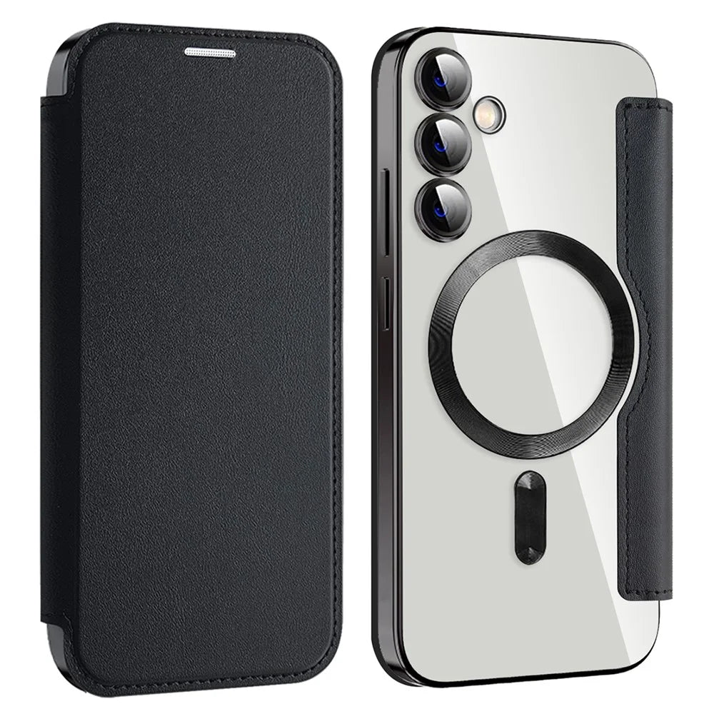 For Samsung Galaxy S23 FE Case Magnetic RFID Blocking Electroplating Phone Cover with Lens Film and Card Slots - Black - 1