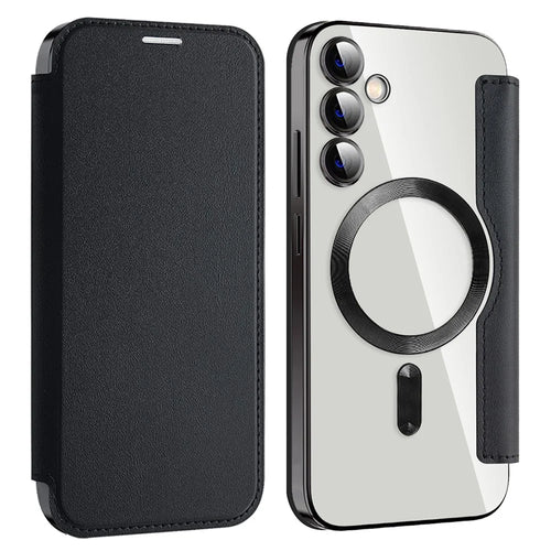 For Samsung Galaxy S23 FE Case Magnetic RFID Blocking Electroplating Phone Cover with Lens Film and Card Slots - Black - 1