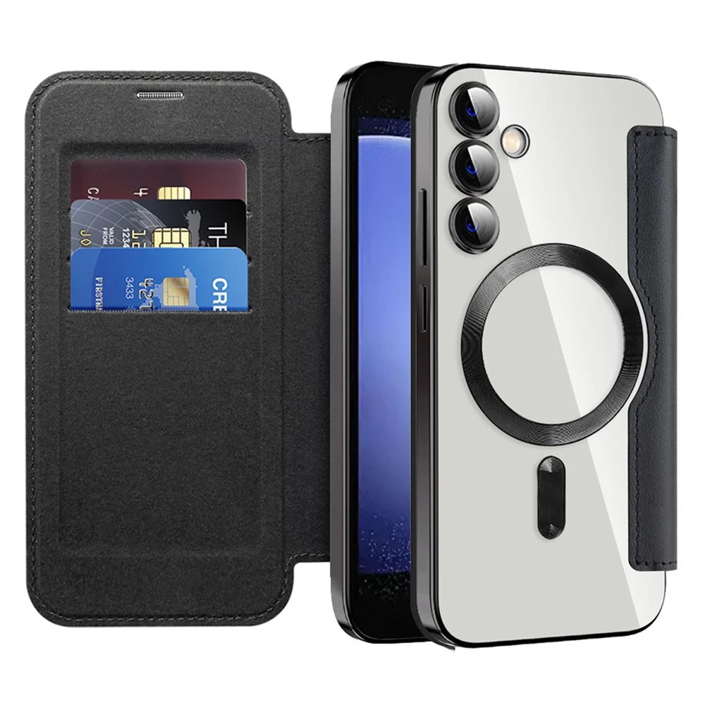 For Samsung Galaxy S23 FE Case Magnetic RFID Blocking Electroplating Phone Cover with Lens Film and Card Slots - Black - 2