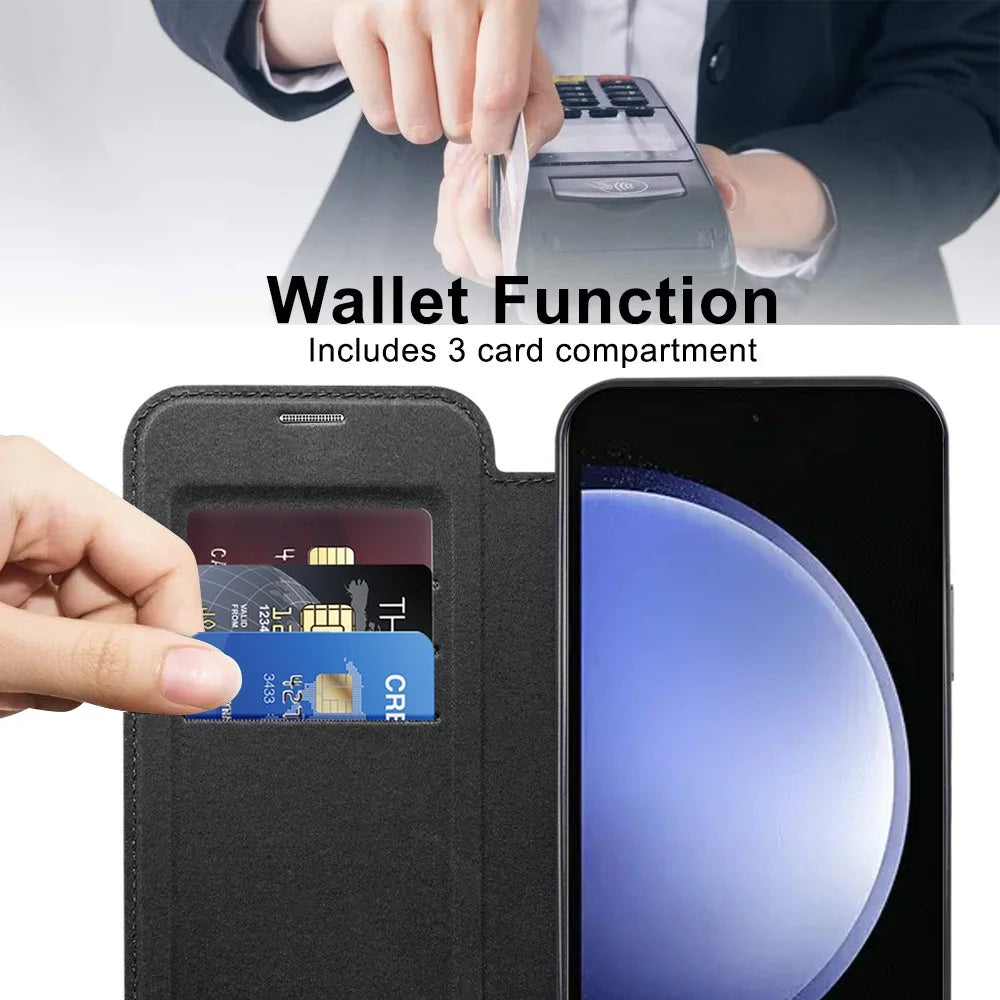 For Samsung Galaxy S23 FE Case Magnetic RFID Blocking Electroplating Phone Cover with Lens Film and Card Slots - Black - 3