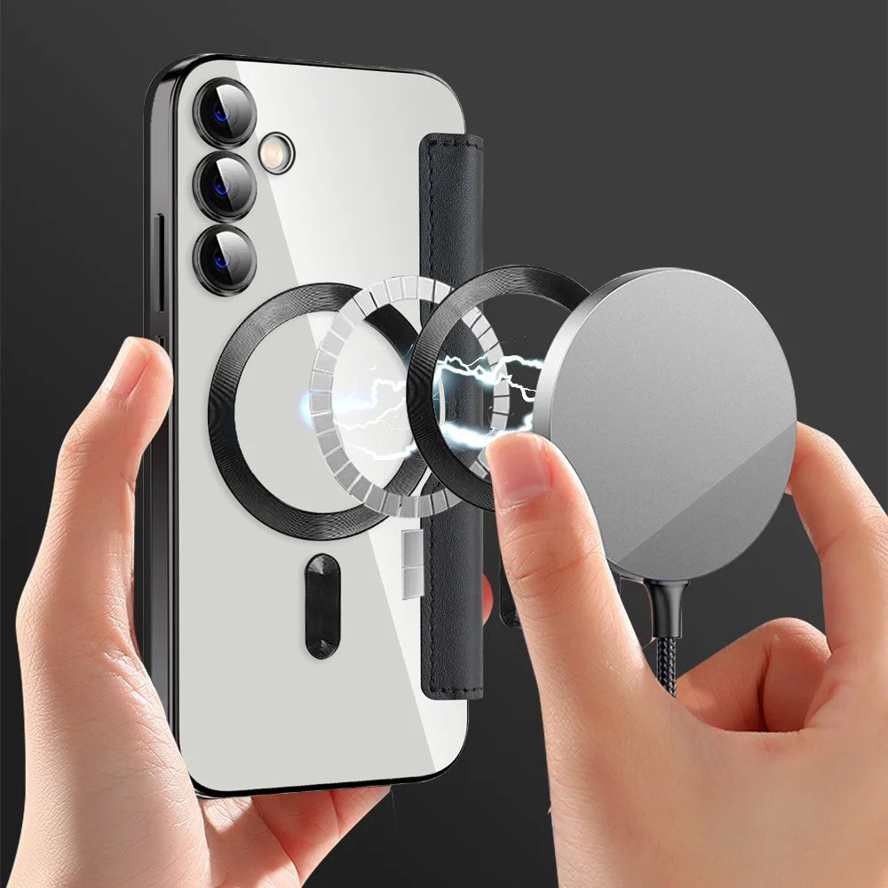 For Samsung Galaxy S23 FE Case Magnetic RFID Blocking Electroplating Phone Cover with Lens Film and Card Slots - Black - 4