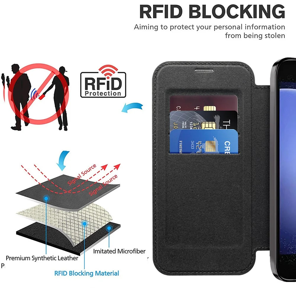 For Samsung Galaxy S23 FE Case Magnetic RFID Blocking Electroplating Phone Cover with Lens Film and Card Slots - Black - 5