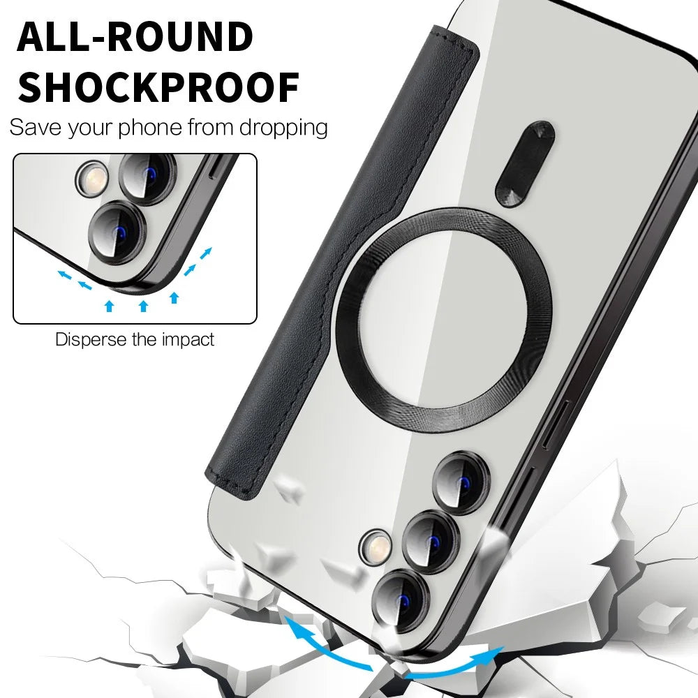 For Samsung Galaxy S23 FE Case Magnetic RFID Blocking Electroplating Phone Cover with Lens Film and Card Slots - Black - 6