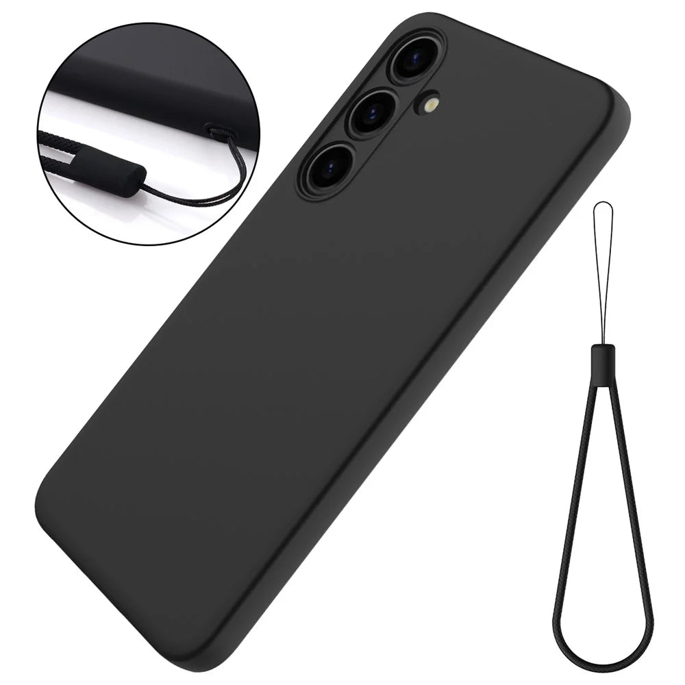 For Samsung Galaxy S24+ Cell Phone Case Liquid Silicone Soft Liner Cover with Strap - Black - 1