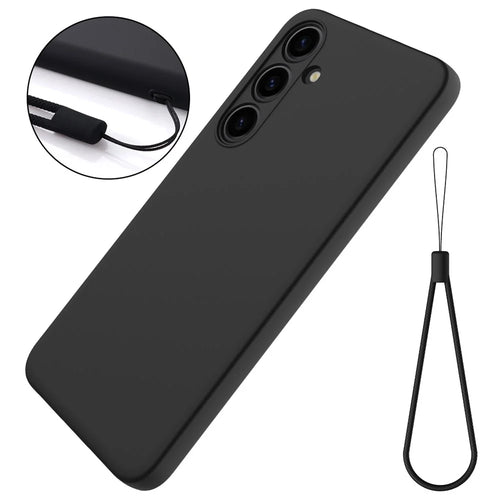 For Samsung Galaxy S24+ Cell Phone Case Liquid Silicone Soft Liner Cover with Strap - Black - 1