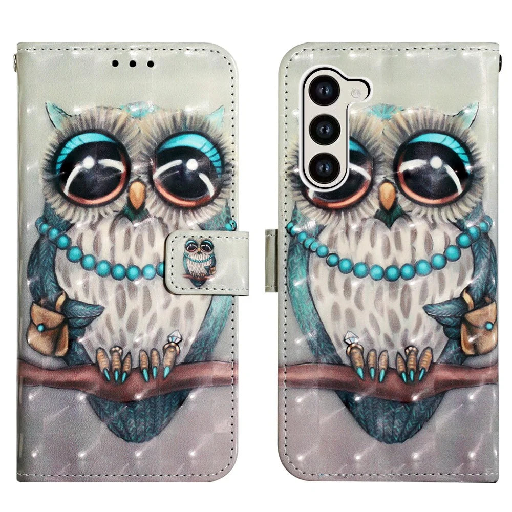 For Samsung Galaxy S24 Leather Case 3D Pattern Printing Wallet Stand Mobile Cover with Strap - Grey Owl - 1