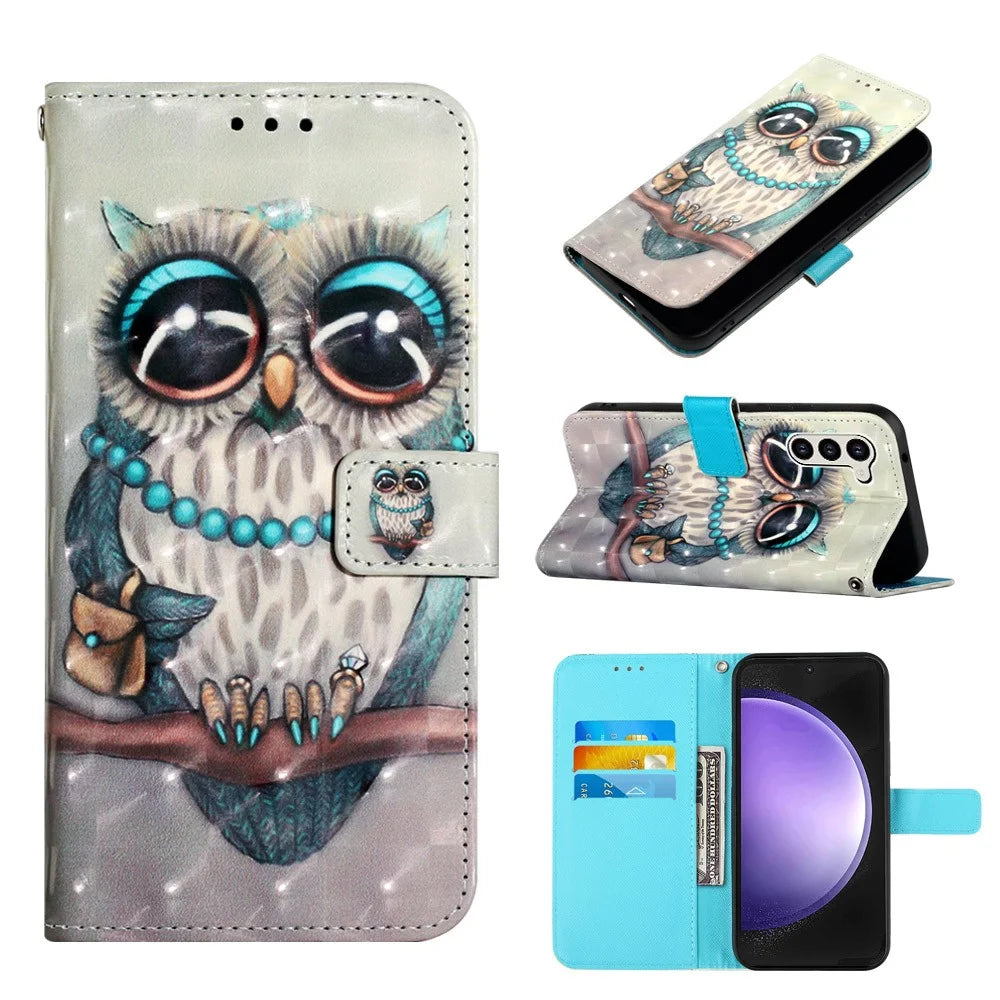 For Samsung Galaxy S24 Leather Case 3D Pattern Printing Wallet Stand Mobile Cover with Strap - Grey Owl - 4
