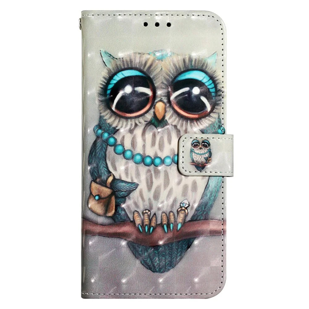 For Samsung Galaxy S24 Leather Case 3D Pattern Printing Wallet Stand Mobile Cover with Strap - Grey Owl - 5