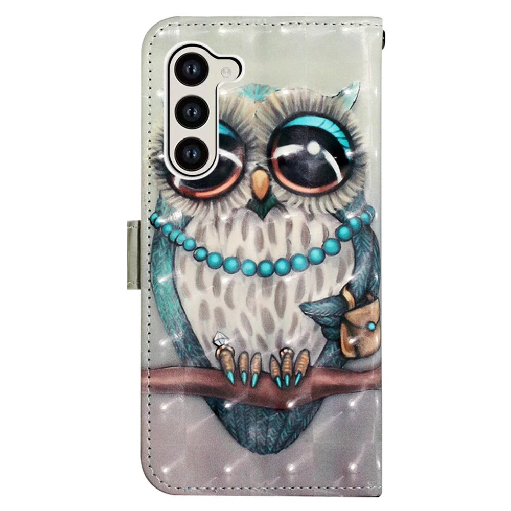 For Samsung Galaxy S24 Leather Case 3D Pattern Printing Wallet Stand Mobile Cover with Strap - Grey Owl - 6
