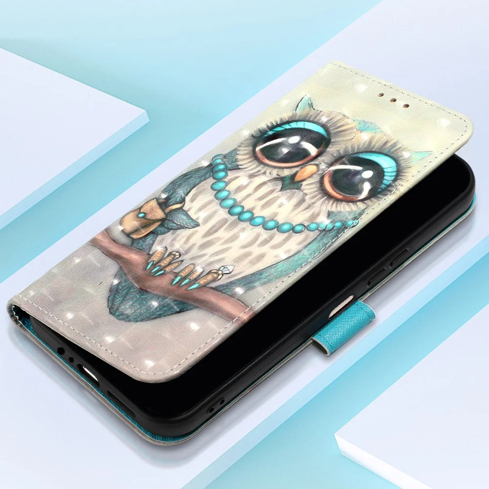 For Samsung Galaxy S24 Leather Case 3D Pattern Printing Wallet Stand Mobile Cover with Strap - Grey Owl - 7
