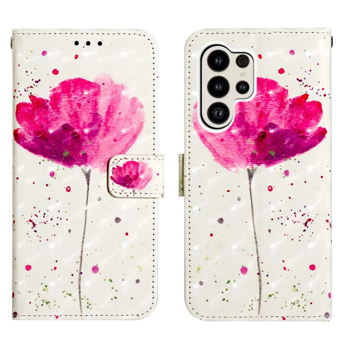 For Samsung Galaxy S24 Ultra Leather Case 3D Pattern Printing Wallet Stand Mobile Cover with Strap - Flower - 1