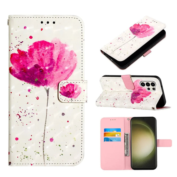 For Samsung Galaxy S24 Ultra Leather Case 3D Pattern Printing Wallet Stand Mobile Cover with Strap - Flower - 4