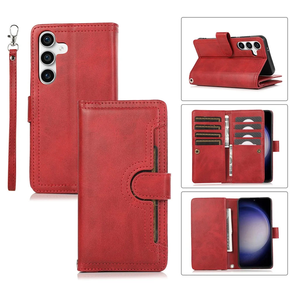 For Samsung Galaxy S24 Case Split Leather Folio Stand Multiple Card Slots Phone Cover - Red - 1