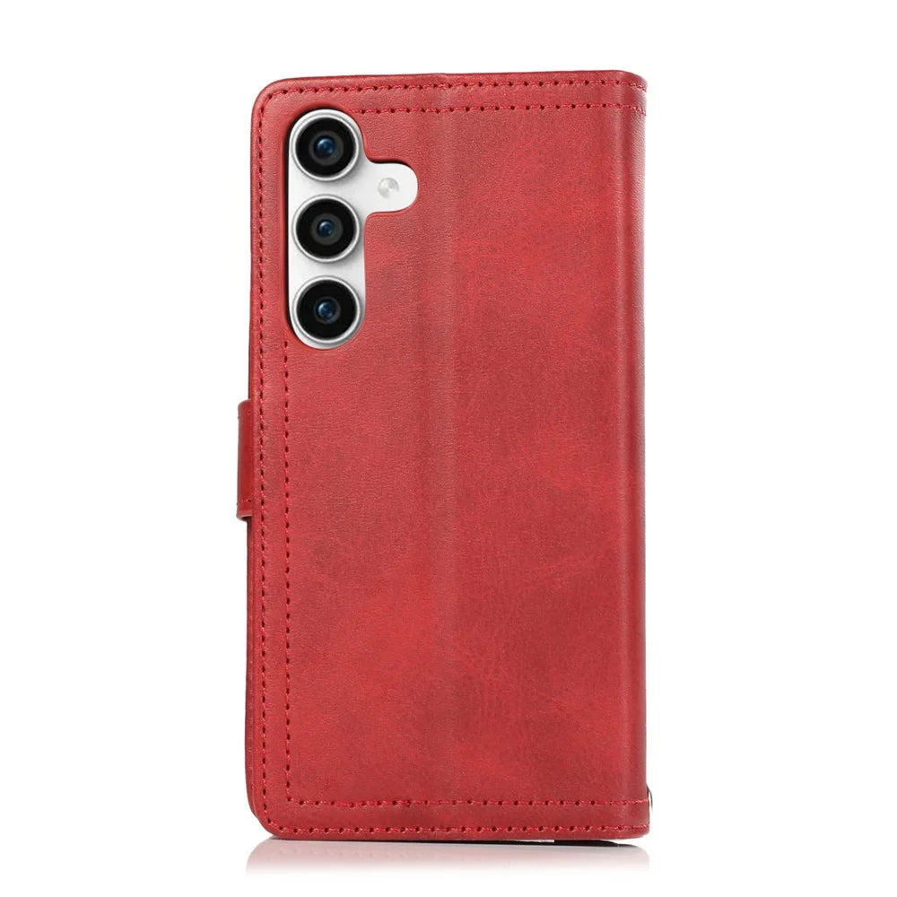 For Samsung Galaxy S24+ Cell Phone Cases Split Leather Stand Wallet Cover with Handy Strap - Red - 7