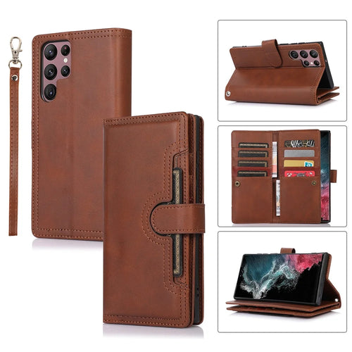 For Samsung Galaxy S24 Ultra Case Split Leather Magnetic Wallet Phone Protector with Wrist Strap - Coffee - 1