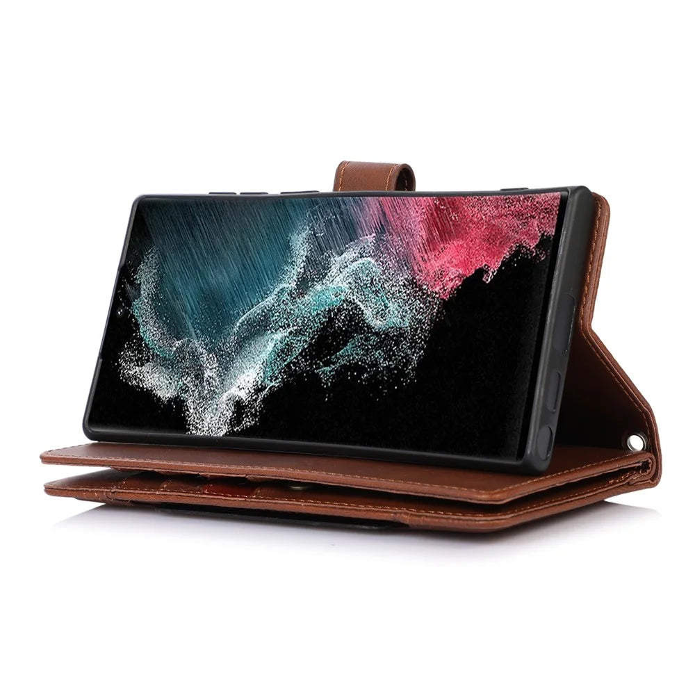 For Samsung Galaxy S24 Ultra Case Split Leather Magnetic Wallet Phone Protector with Wrist Strap - Coffee - 2