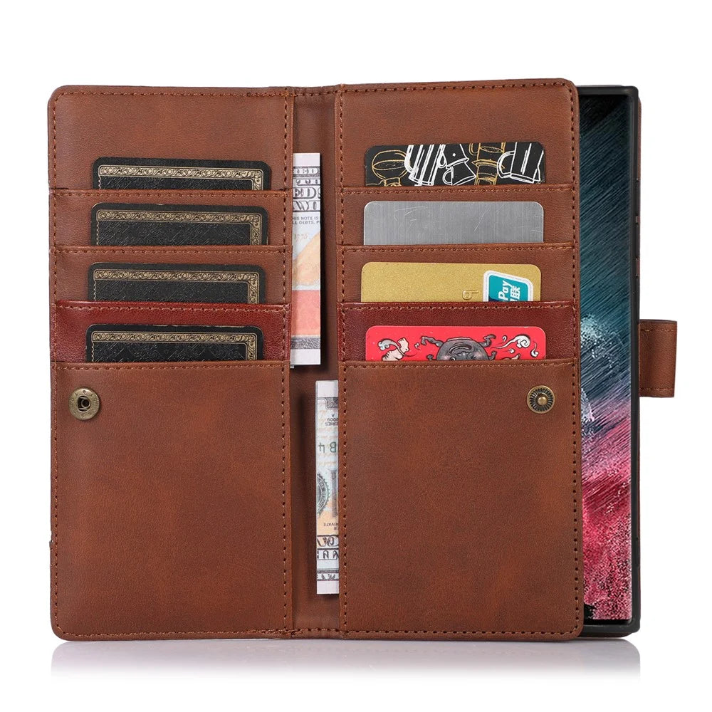 For Samsung Galaxy S24 Ultra Case Split Leather Magnetic Wallet Phone Protector with Wrist Strap - Coffee - 3