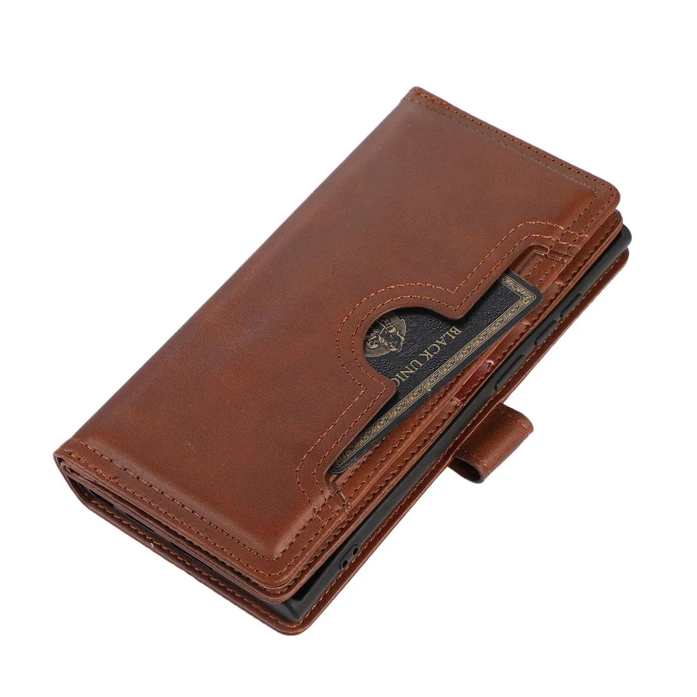 For Samsung Galaxy S24 Ultra Case Split Leather Magnetic Wallet Phone Protector with Wrist Strap - Coffee - 4