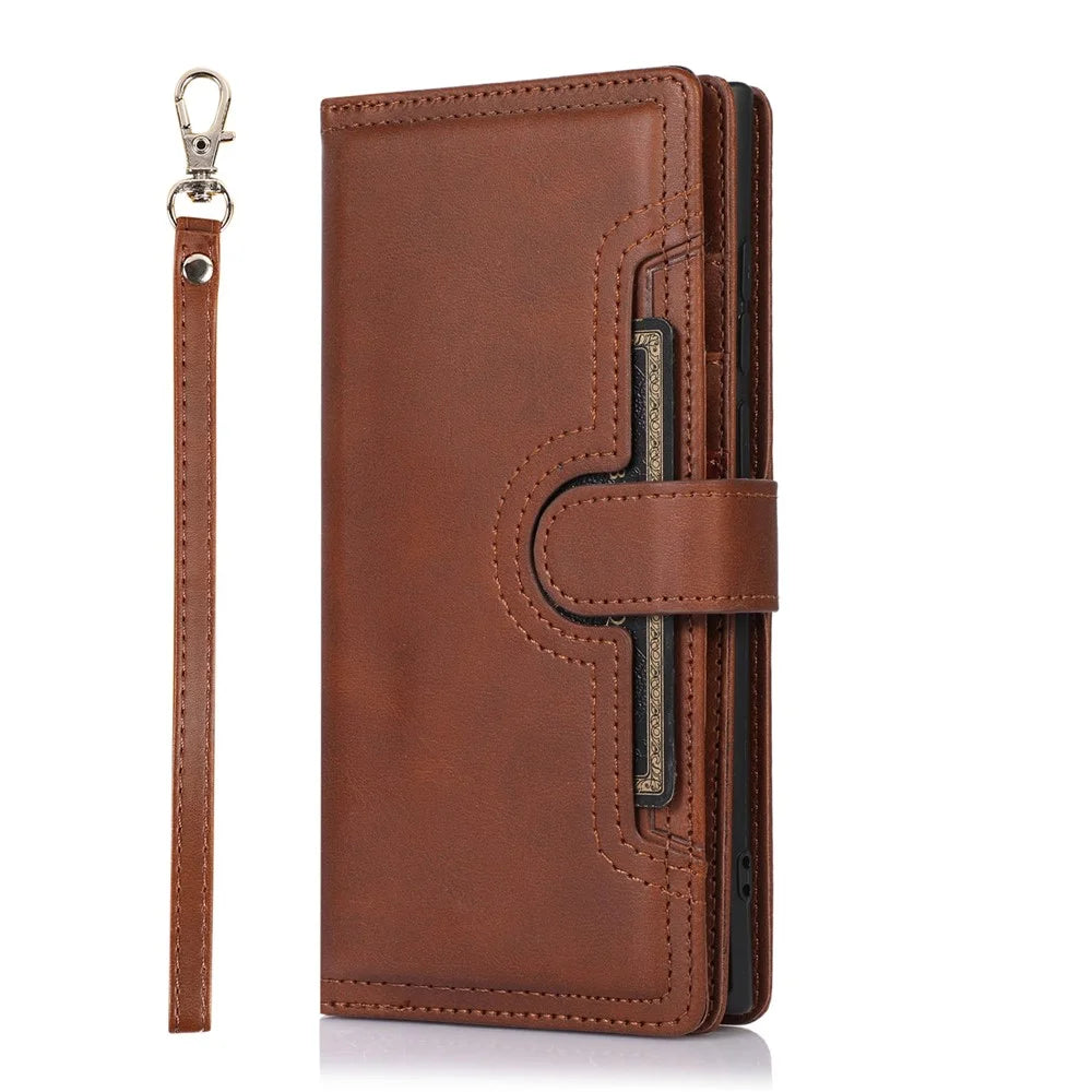 For Samsung Galaxy S24 Ultra Case Split Leather Magnetic Wallet Phone Protector with Wrist Strap - Coffee - 5