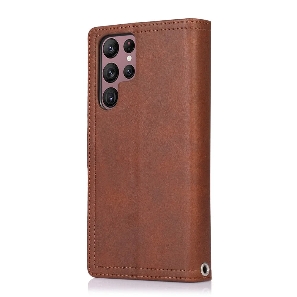 For Samsung Galaxy S24 Ultra Case Split Leather Magnetic Wallet Phone Protector with Wrist Strap - Coffee - 6