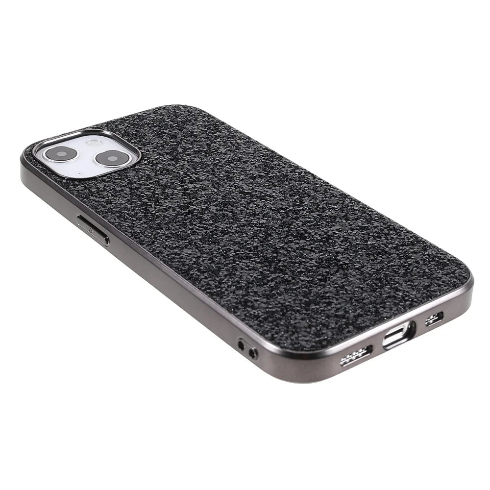 For iPhone 14 Phone Case Electroplating TPU Frame Glitter Sequins PC Back Cover - Black - 4