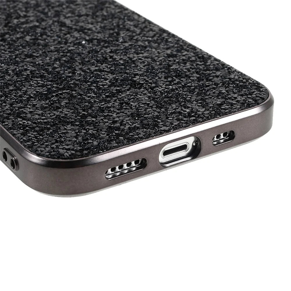 For iPhone 14 Phone Case Electroplating TPU Frame Glitter Sequins PC Back Cover - Black - 5