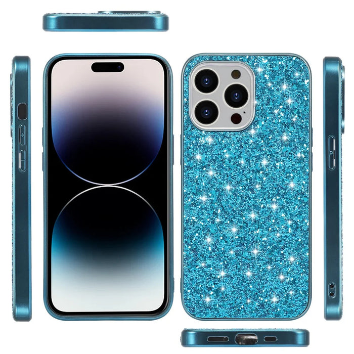 For iPhone 14 Pro Case Glitter Sequins Electroplating TPU Frame PC Back Cover - Blue - 2