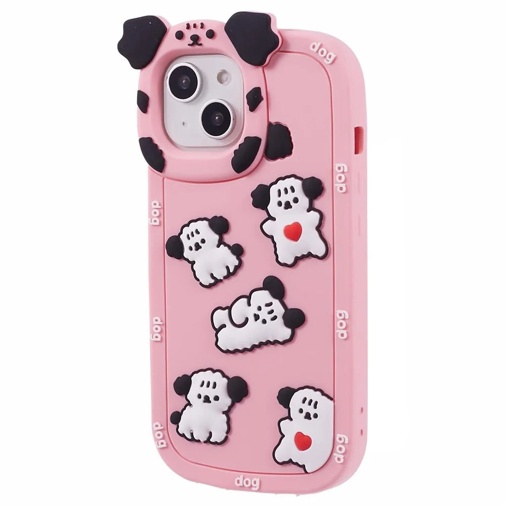 For iPhone 15 / 14 / 13 Case 3D Cartoon Dog Decor Silicone Phone Cover - Pink - 1
