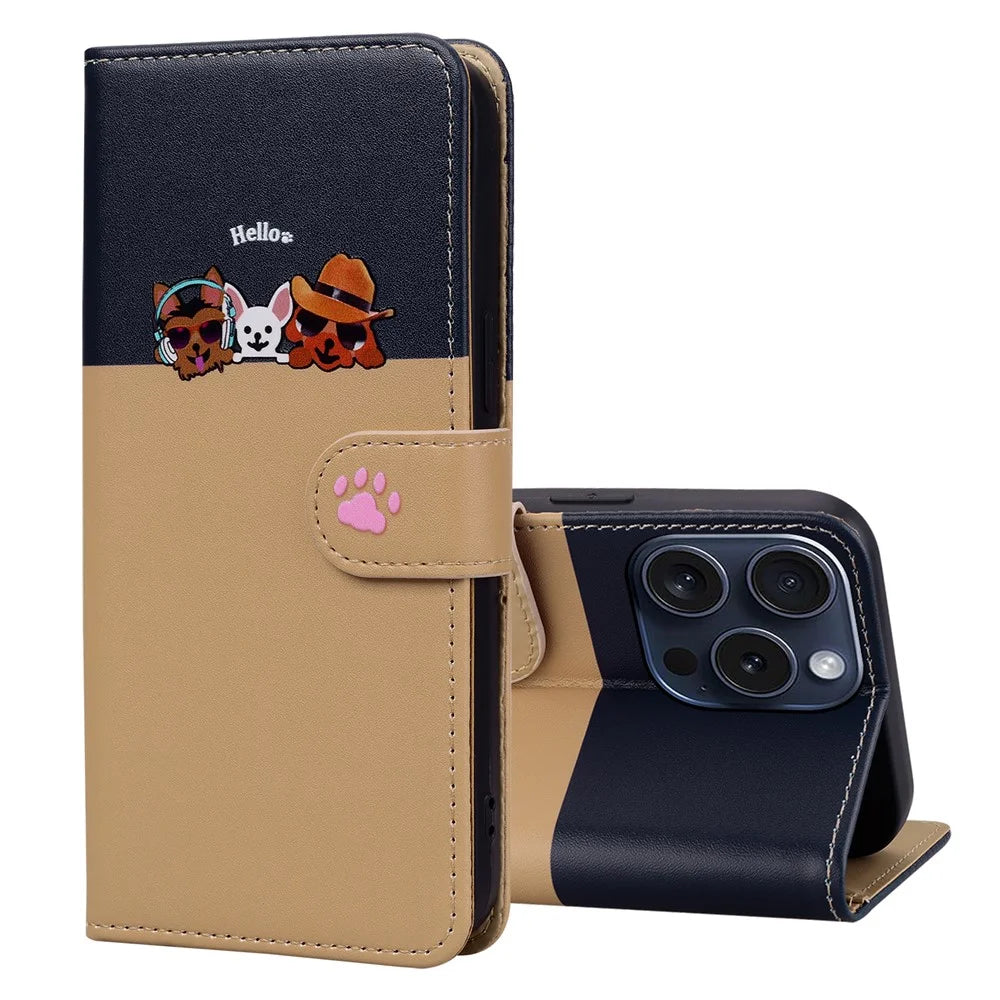 Cartoon Pet Series for iPhone 15 Pro Case Animal Pattern Wallet Stand Leather Cover - Khaki - 5