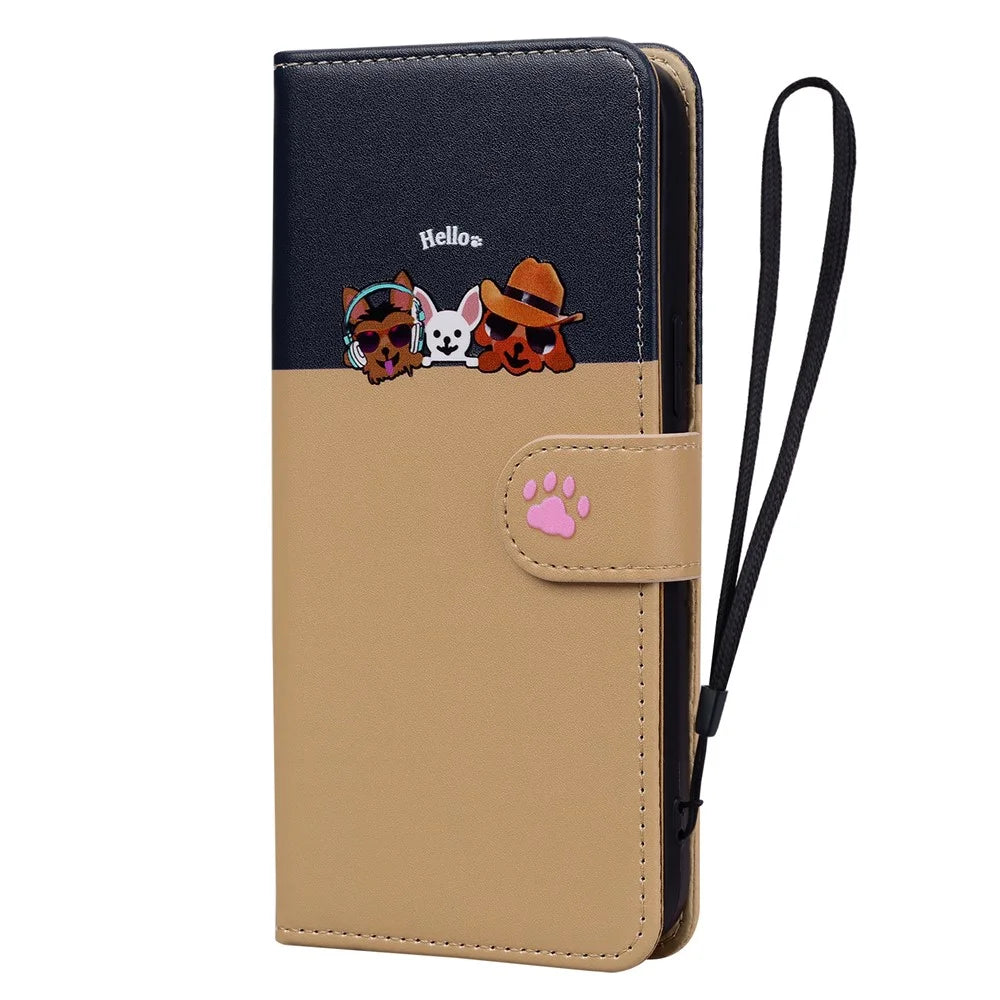 Cartoon Pet Series for iPhone 15 Pro Case Animal Pattern Wallet Stand Leather Cover - Khaki - 6
