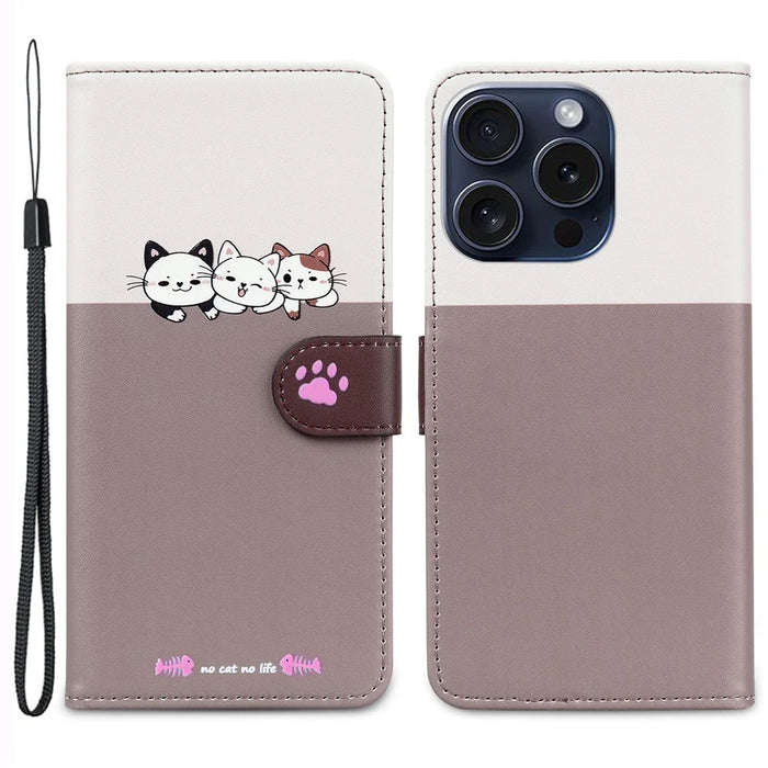Cartoon Pet Series for iPhone 15 Pro Max Case Wallet Splicing Leather Phone Cover - Bean Pink - 1