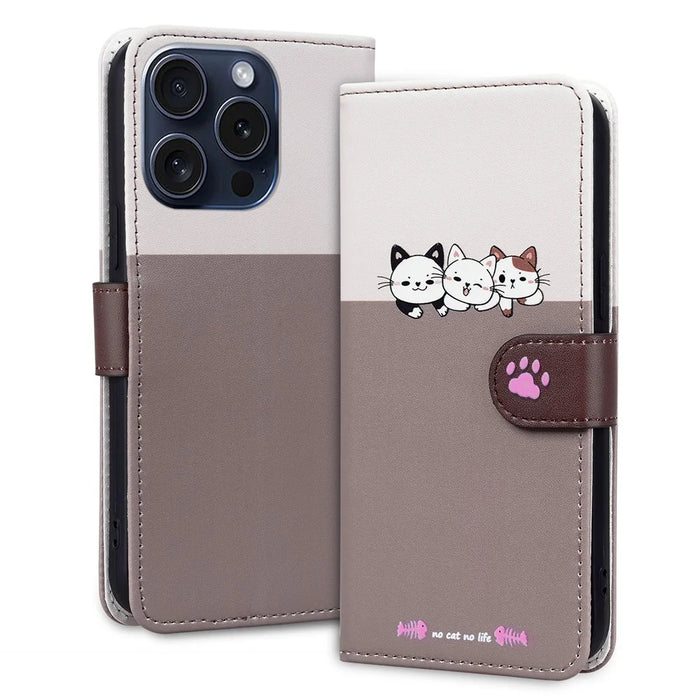 Cartoon Pet Series for iPhone 15 Pro Max Case Wallet Splicing Leather Phone Cover - Bean Pink - 4