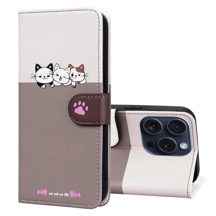 Cartoon Pet Series for iPhone 15 Pro Max Case Wallet Splicing Leather Phone Cover - Bean Pink - 5